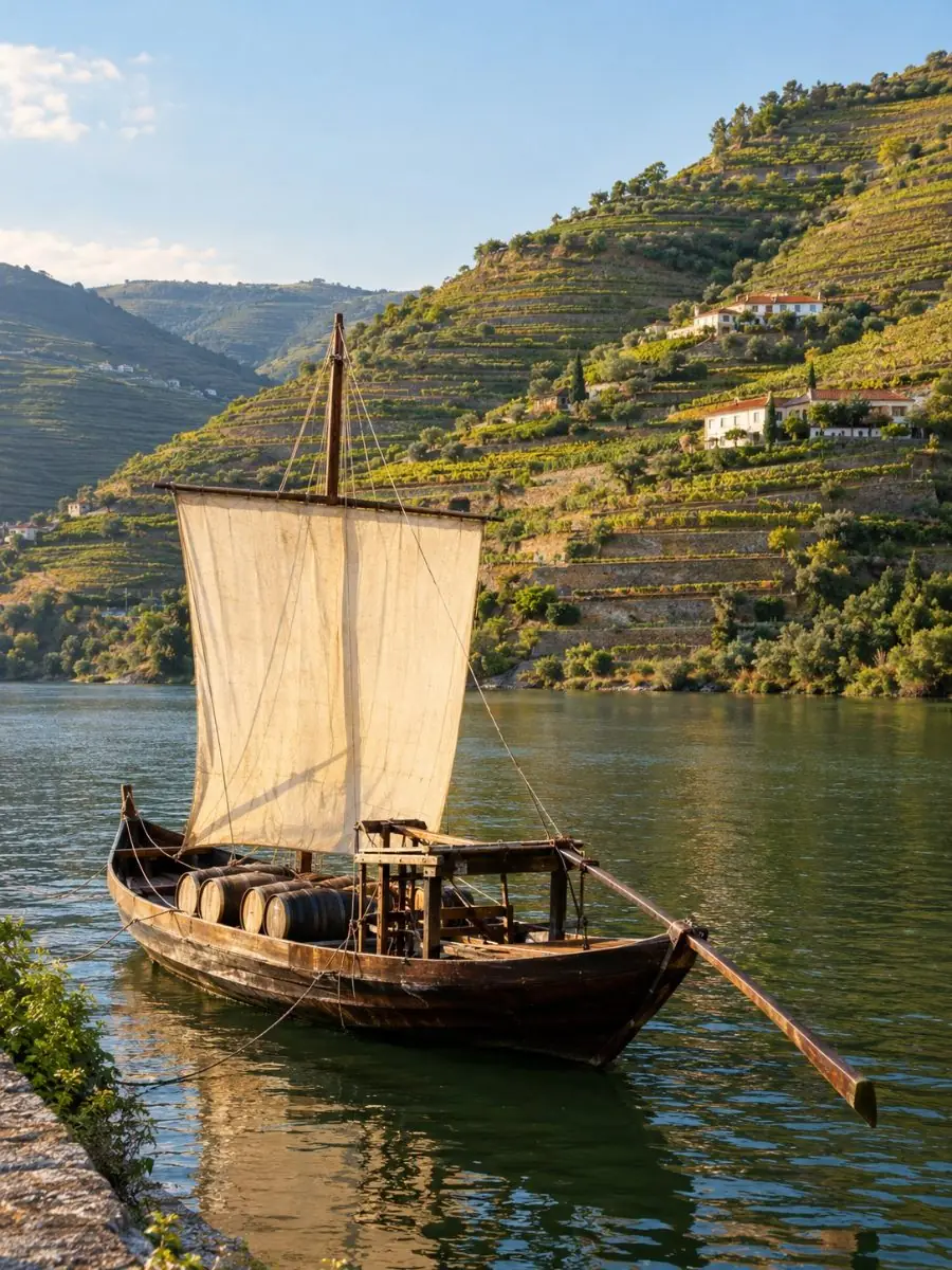 A traditional rabelo boat with a square sail moored on the Douro at Pinhão below terraced vineyards